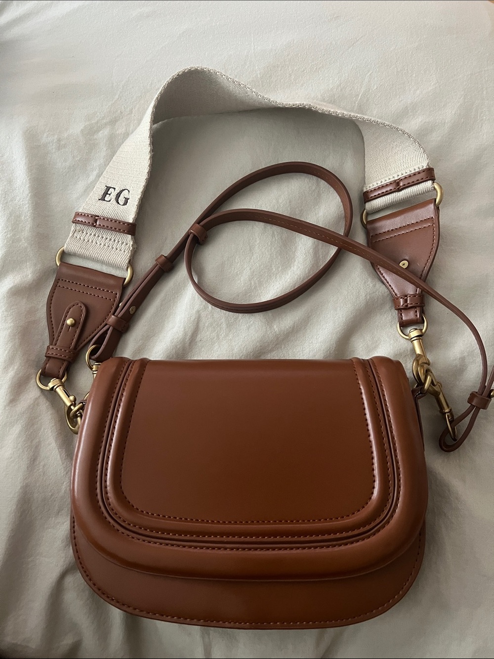 Zara Cognac Brown Leather Crossbody with Cream Strap